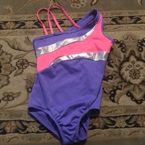 Dance outfit, pink, purple and silver. Back Cutout